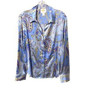 Vtg Talbots Women's Stretch Silk Paisley Button-Up Shirt Long Sleeve Sz14 Blue